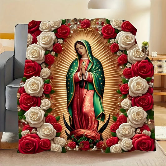 Virgin Mary with Roses Pattern Flannel Throw Blanket, All-Season Multipurpose for Home Decor, Nap,Office Shawl,Sofa,Travel