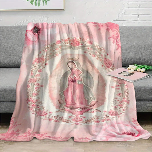 Pink Virgin Mary Print Flannel Blanket - Soft Warm Digital Printed, All-Season for Sofa, Bedding, Travel, Camping, Office