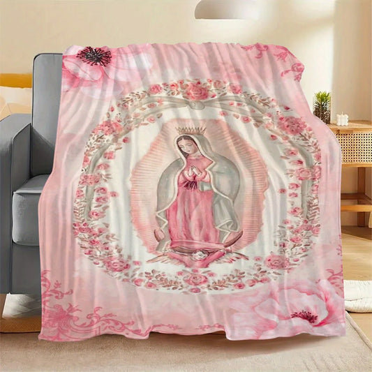Pink Virgin Mary Print Flannel Blanket - Soft Warm Digital Printed, All-Season for Sofa, Bedding, Travel, Camping, Office