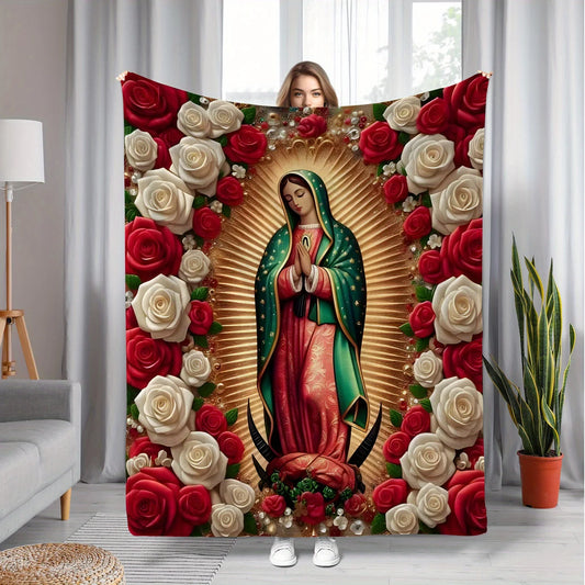Virgin Mary with Roses Pattern Flannel Throw Blanket, All-Season Multipurpose for Home Decor, Nap,Office Shawl,Sofa,Travel