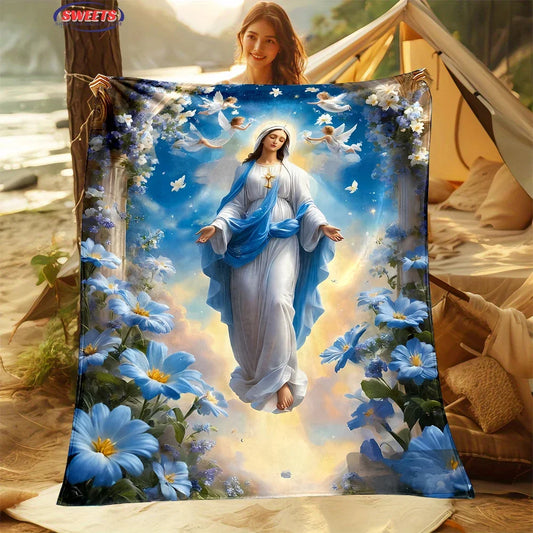 3D Printing Merciful Virgin Mary Flannel Blanket, Sofa Bed Cover Four Season Soft Fluffy Quilt Blanket Flannel Throw, Warm Gift
